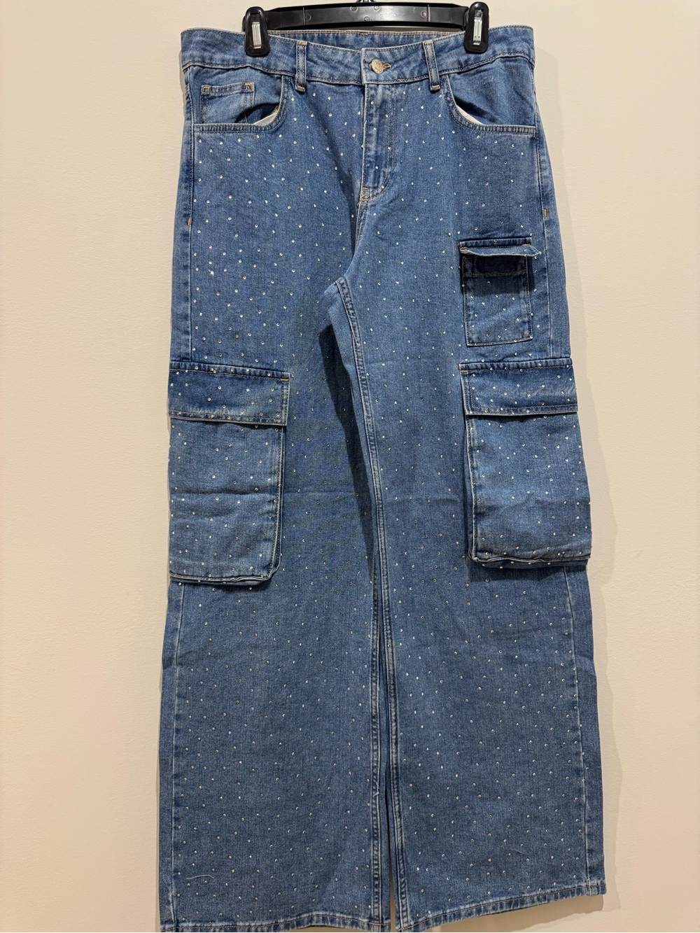 Bershka Denimtex women’s rhinestone mid rise wide legCargo Jeans SZ8( 34”waist)